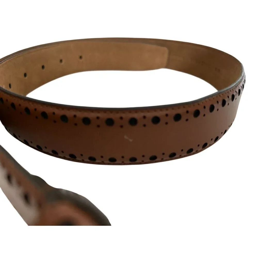 Cole Haan Brown Leather Belt With Black Dot Pattern & Silver Buckle